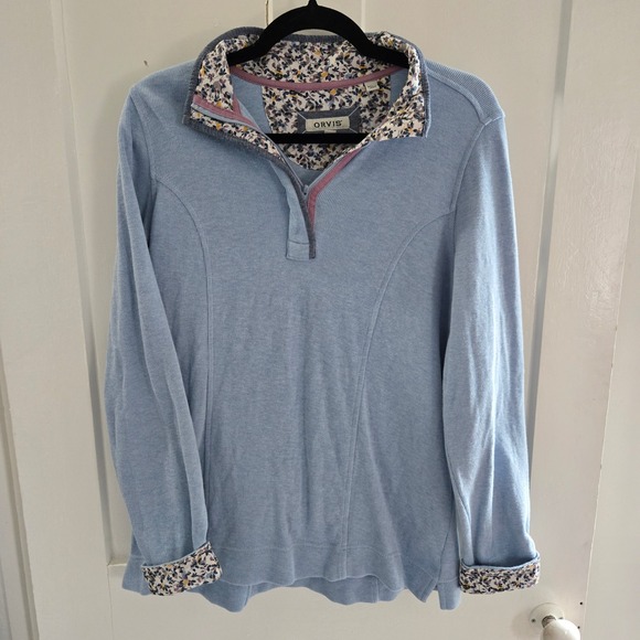 Orvis Sweaters - Orvis Womens Signature Floral Trim Quarter Zip Sweatshirt Blue, Size Med, Ribbed